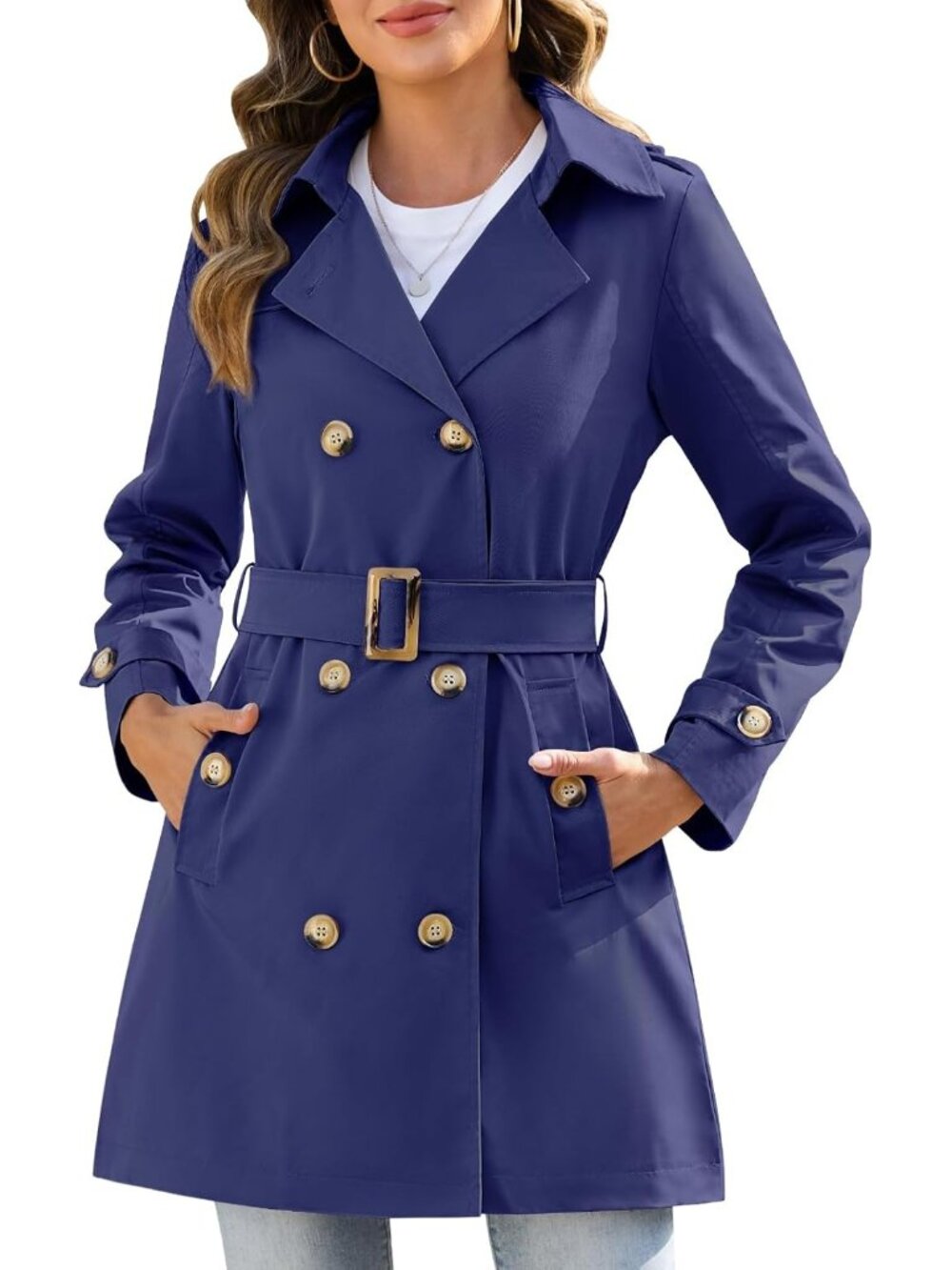Women's Trench Coat Navy Hooded Windbreaker Fashion Long Rain Jacket with Belt